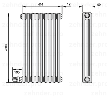 Схема (чертеж) Радиатор Zehnder Charleston 3280/9 №V003 Белый глянцевый RAL 9016
